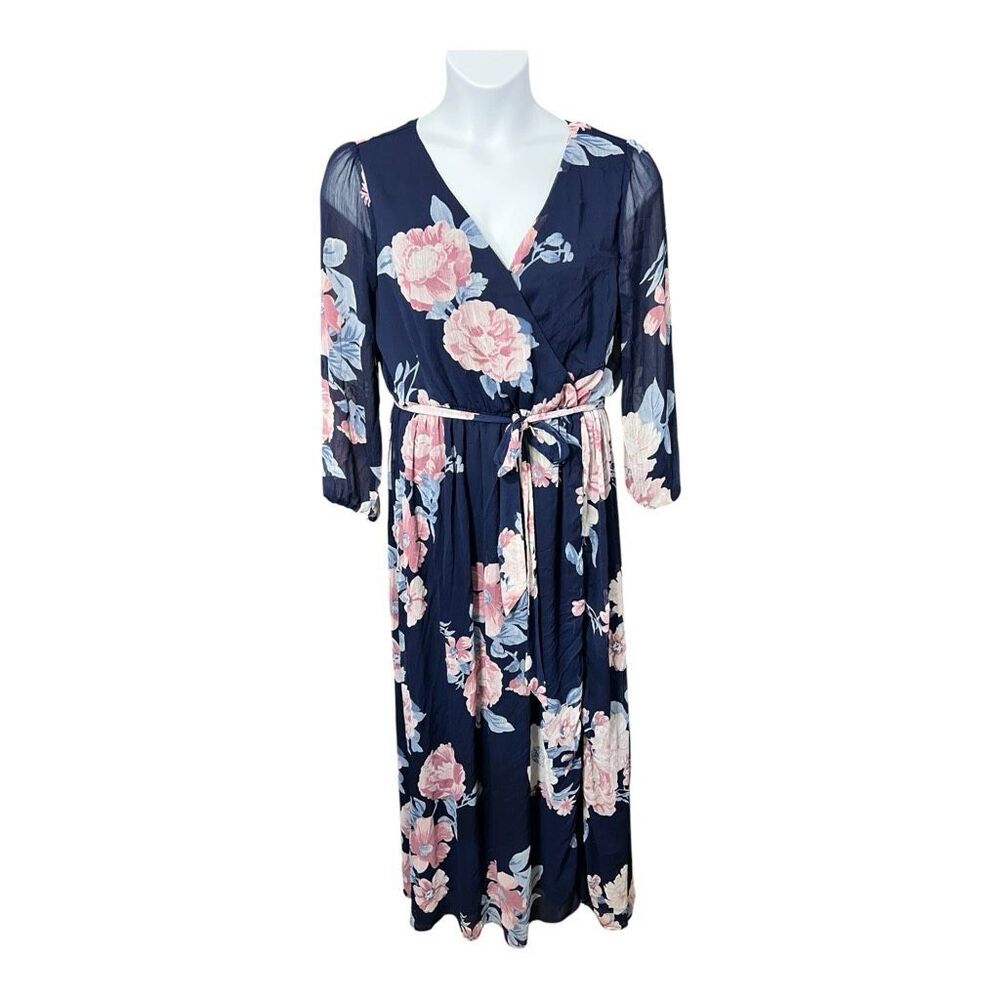 Premier Amour Blue Floral Chiffon Maxi Dress Size 12 Long Sleeve Belted Slit